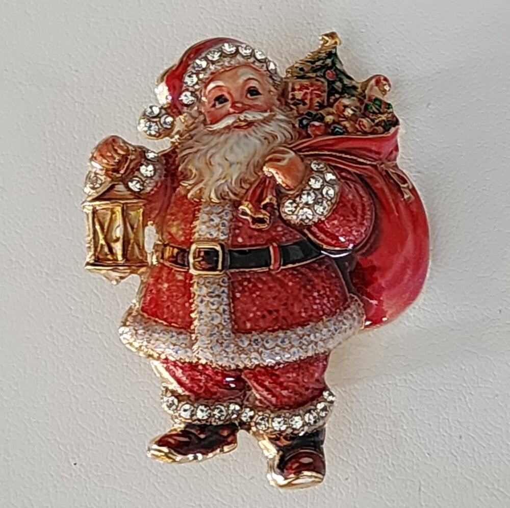 Santa Holiday Brooch With Lantern & Sack Accented with Rhinestones